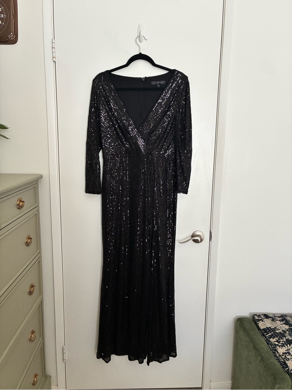 Ever Pretty Black Sequin Long Sleeve V-Neck Evening Gown